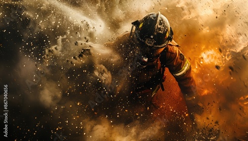 A courageous firefighter in action, facing the heat and flames during a dangerous fire rescue operation. AIG58 photo