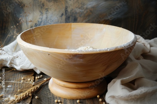 Large wooden bowl dusted with flour is ready for mixing ingredients