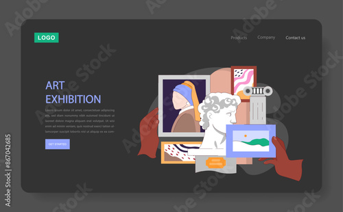 Museum or art gallery dark or night mode web, landing. Hands showcase