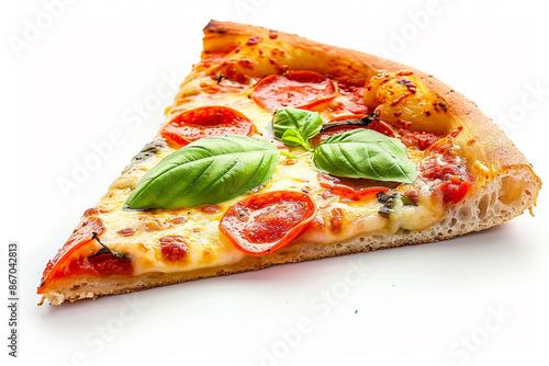 slice of pizza on white background