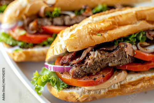 close up sandwich on the dish with plain backgrounds
