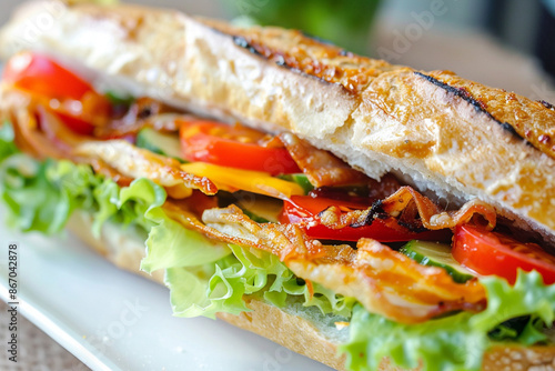 close up sandwich on the dish with plain backgrounds