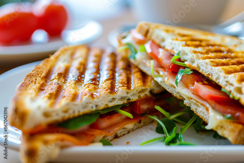 close up sandwich on the dish with plain backgrounds