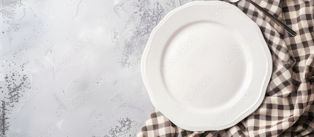 Empty white plate on tablecloth on colored background with space for your design. Empty white plate on tablecloth on colored background with space for your design.