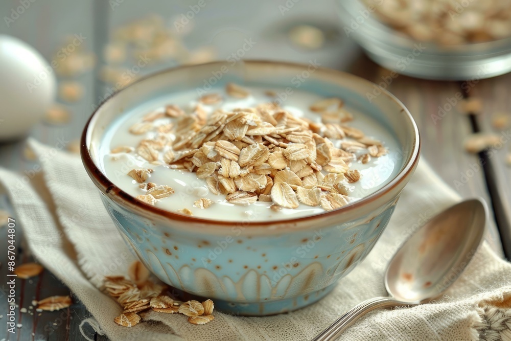 Bowl of yogurt topped with crunchy rolled oats, sitting on rustic table with spoon for healthy breakfast Bowl of yogurt topped with crunchy rolled oats, sitting on rustic table with spoon for healthy breakfast