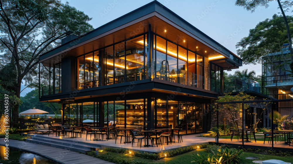 Modern, luxurious restaurant exterior with large glass windows illuminated at dusk. Concept of fine dining, architecture, and ambiance Modern, luxurious restaurant exterior with large glass windows illuminated at dusk. Concept of fine dining, architecture, and ambiance