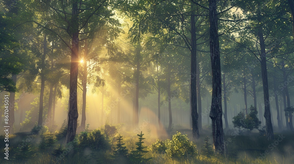 Fototapeta premium A serene forest landscape at dawn, bathed in golden sunlight, with mist creating a magical atmosphere. Generative AI