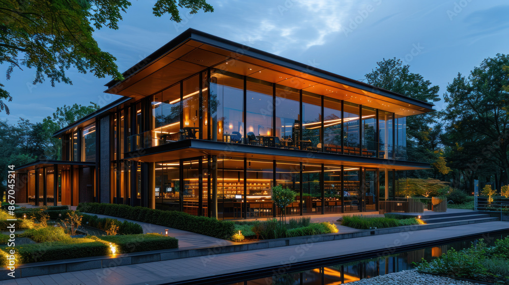 Modern Luxury Home with Glass Exterior at Twilight Modern Luxury Home with Glass Exterior at Twilight