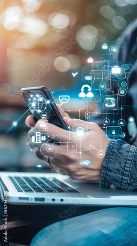Man Using Smartphone and Laptop Connected with Digital Technology and Internet Network for IoT, Digital Marketing, and E-commerce, Global Business Concept, AI-Generated High-Resolution Wallpaper