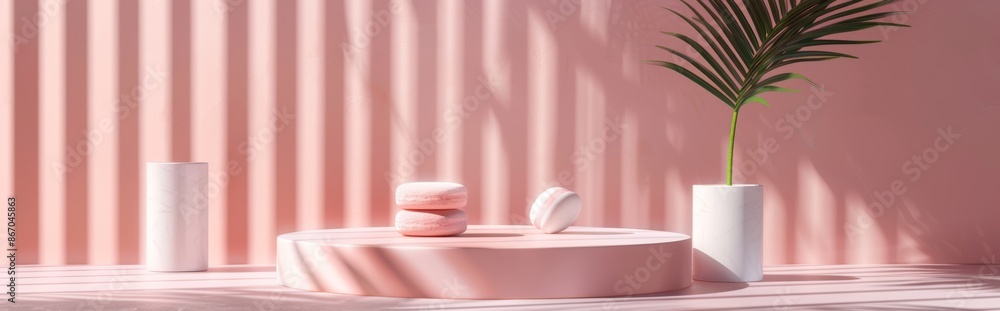 Pink minimalist dessert display with palm leaf and shadows, in an artistic and elegant modern scene Pink minimalist dessert display with palm leaf and shadows, in an artistic and elegant modern scene