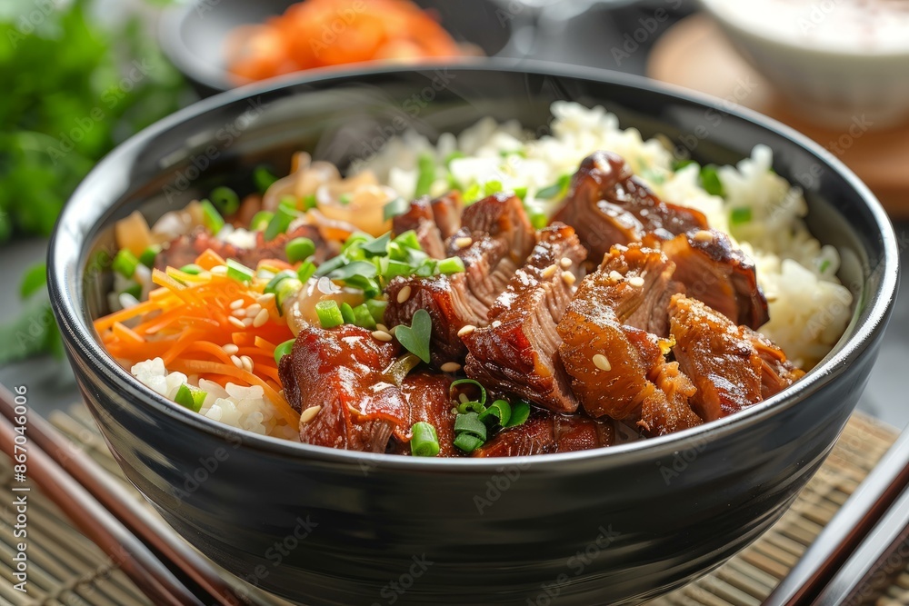 Steaming bowl of rice is topped with sliced barbecue, sesame seeds, and sliced carrots Steaming bowl of rice is topped with sliced barbecue, sesame seeds, and sliced carrots