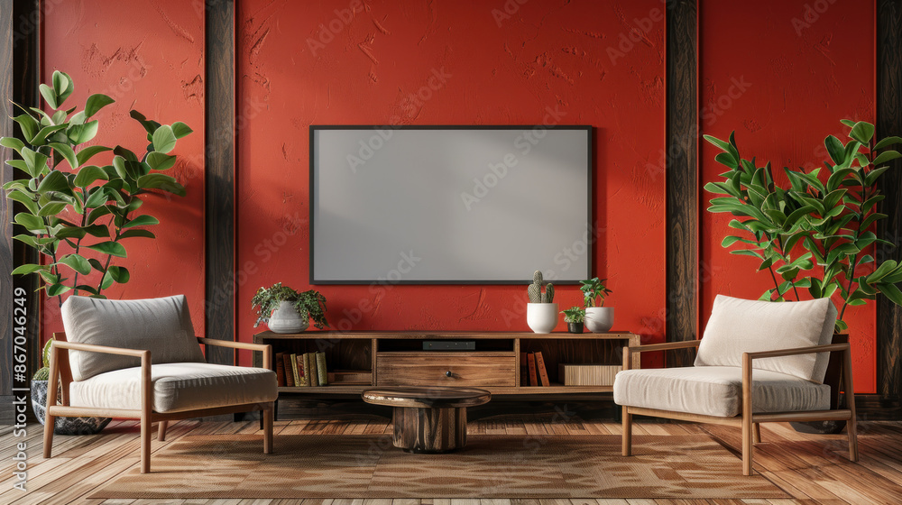 Modern Minimalist Interior Design with Blank Frame Mockup on Red Wall Modern Minimalist Interior Design with Blank Frame Mockup on Red Wall