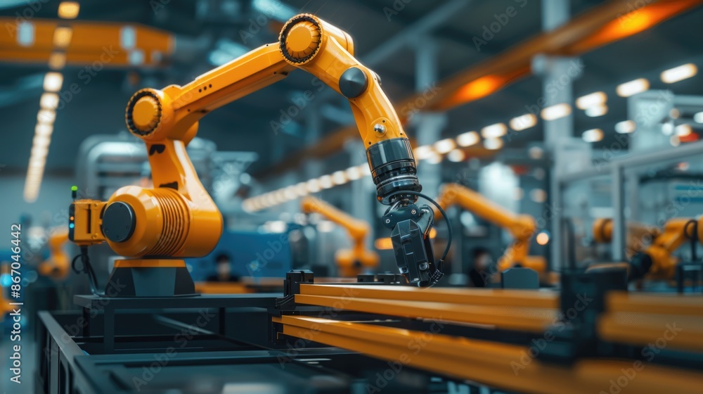 Industrial robot works automatically in smart autonomous factory Industrial robot works automatically in smart autonomous factory