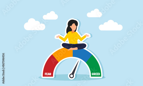Market sentiment, fear and greed index, emotions in stock or crypto trading, and investment risk psychology, concept of businessman investor meditating on market sentiment gauge
