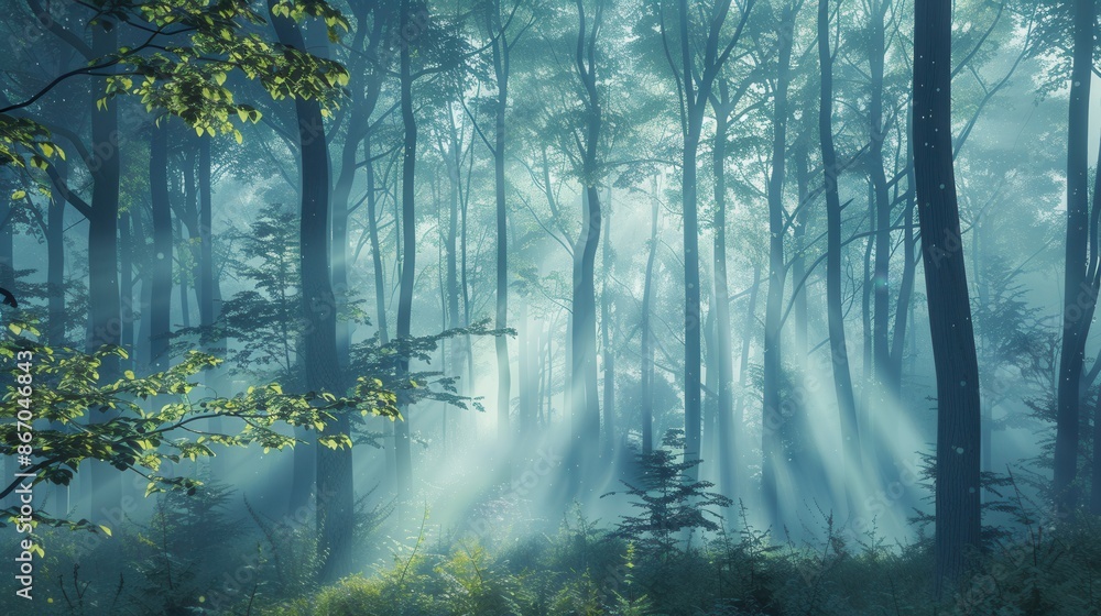 Obraz premium A serene forest landscape at dawn, with mist and sunbeams creating a magical atmosphere. Generative AI