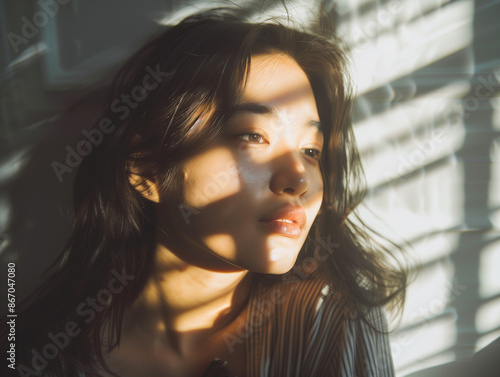 close up portrait of asian woman basking in the soft sunlight