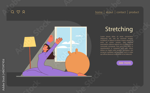 Home stretching illustration. Joyful woman stretches in a sunlit room.