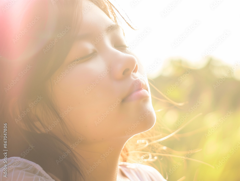 Fototapeta premium close up portrait of asian woman basking in the soft sunlight