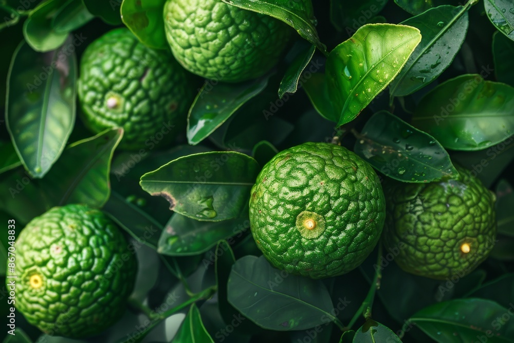 A close-up of ripe bergamot fruits hanging on a tree branch amidst green leaves.
A close-up of ripe bergamot fruits hanging on a tree branch amidst green leaves.