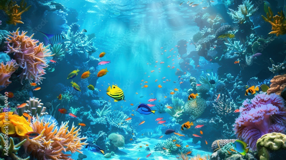 Naklejka premium A captivating underwater scene showcasing a diverse array of colorful fish and intricate coral reefs. Generative AI