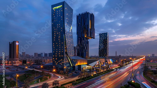 During the blue hour, the KAFD buildings in Riyadh, Saudi Arabia, stand out 