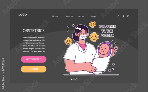 Obstetrician dark or night mode web, landing. Childbirth, obstetrics