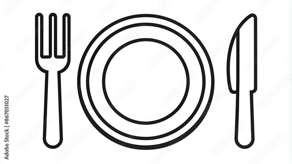Fork and knife on a plate linear vector icon Fork and knife on a plate linear vector icon