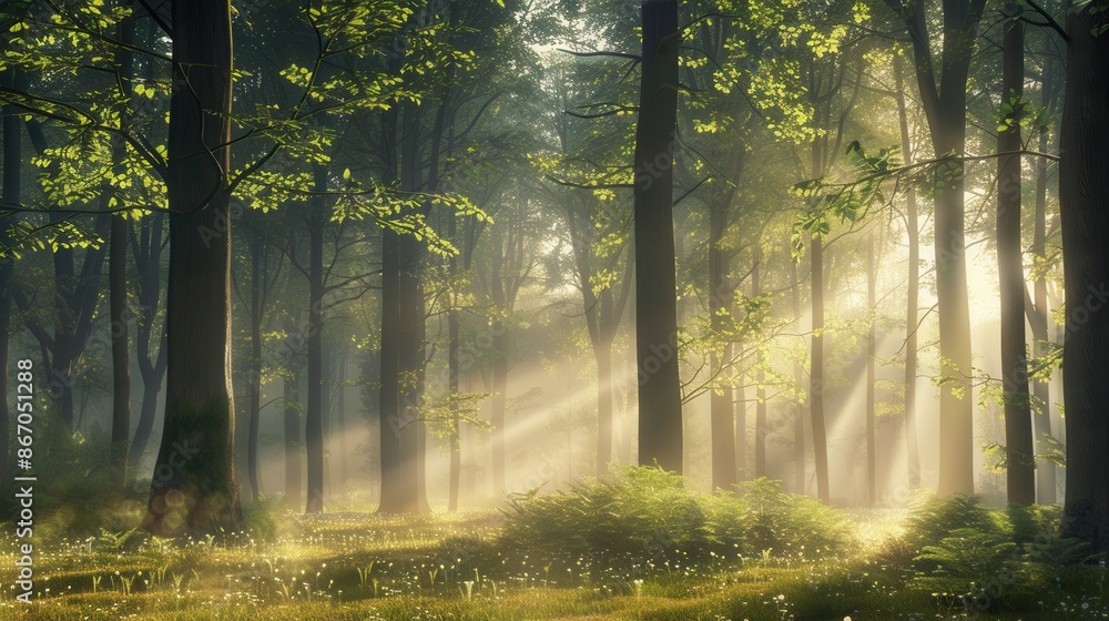 Fototapeta premium A serene forest scene at dawn, with sunlight breaking through the mist and illuminating the trees. Generative AI