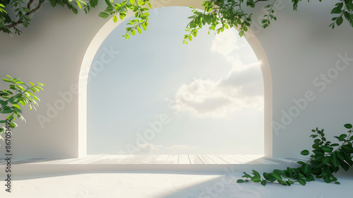 a sleek archway with a wooden platform, adorned with vibrant green leaves, set against a bright sky