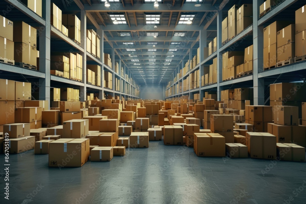 Warehouse interior showing storage shelves stacked with cardboard boxes Warehouse interior showing storage shelves stacked with cardboard boxes