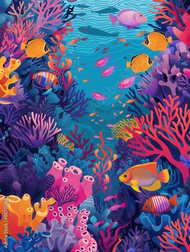 A colorful and enchanting underwater scene featuring vibrant coral reefs, exotic fish, and sea creatures. Perfect for diving centers and marine aquariums. Generative AI © Анатолий Савицкий