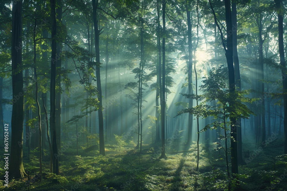 Obraz premium A serene and misty forest landscape at dawn, bathed in the golden light of the rising sun. Generative AI
