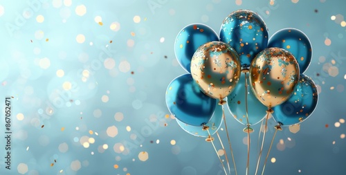 Blue and Gold Balloons Floating in Confetti