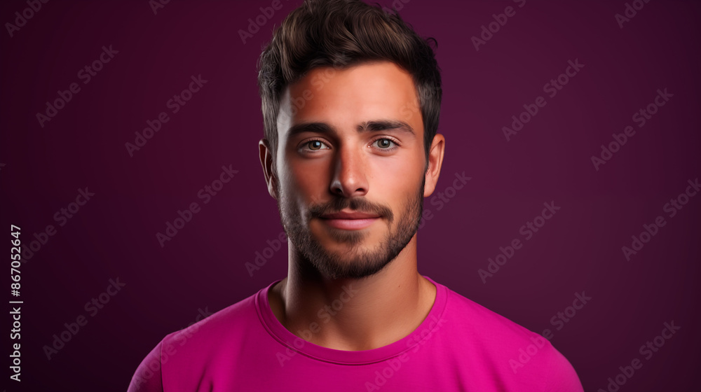 A confident male model customer, his friendly smile and approachable gaze captured in a headshot portrait against a solid magenta background A confident male model customer, his friendly smile and approachable gaze captured in a headshot portrait against a solid magenta background