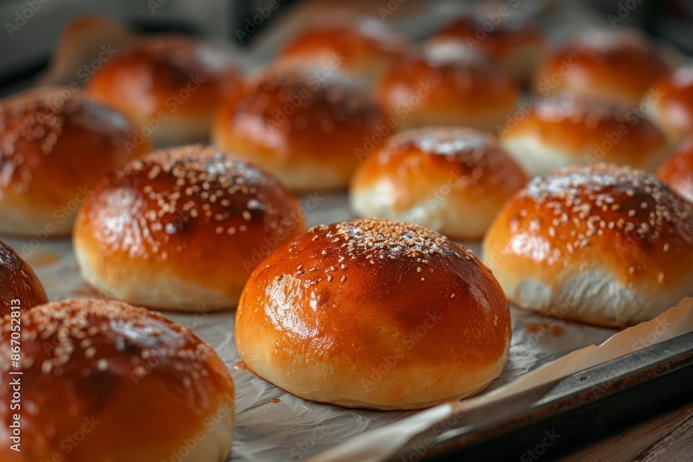 Warm buns cooling on a baking sheet, just baked and ready to savor Warm buns cooling on a baking sheet, just baked and ready to savor