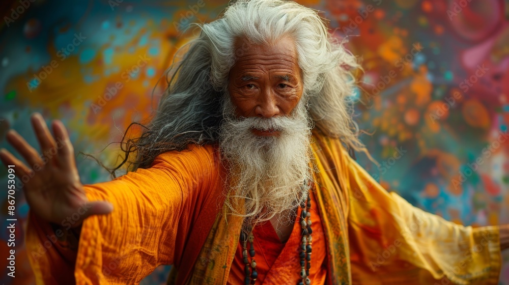 Fototapeta premium Elderly Man with Long White Hair and Orange Robes in a Colorful Background - Generative AI