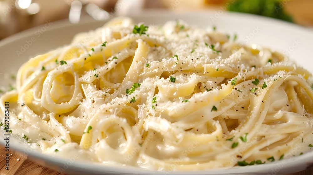 Close-Up of Fettuccine Alfredo with Creamy Sauce and Parmesan Close-Up of Fettuccine Alfredo with Creamy Sauce and Parmesan