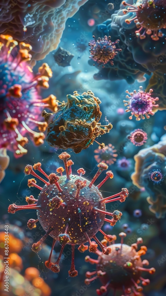 Close-up view of viral particles attaching to and penetrating cells. Close-up view of viral particles attaching to and penetrating cells.