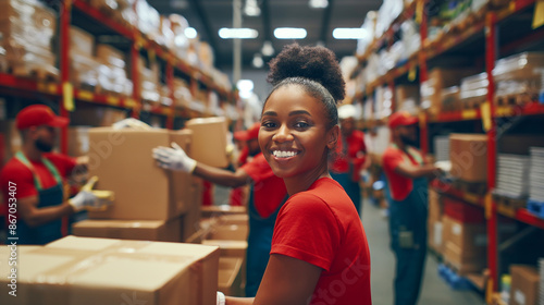 Cheerful Volunteers Packing Donation Boxes in Warehouse photo