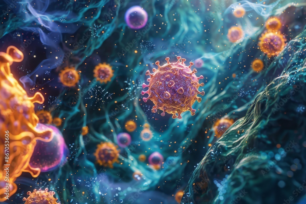 Close-up view of viral particles attaching to and penetrating cells. Close-up view of viral particles attaching to and penetrating cells.