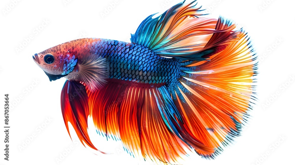 Vibrant and Captivating Betta Fish with Flowing Fins and Intricate Patterns Swimming Gracefully on White Background