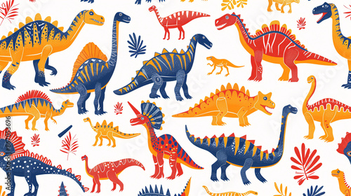 Fototapeta Naklejka Na Ścianę i Meble -  Abstract and colorful illustration of dinosaurs and their bones, creating a vibrant pattern on a white background