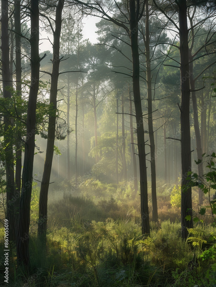Obraz premium A serene forest landscape at dawn, with sunbeams illuminating the trees through a light mist. Generative AI