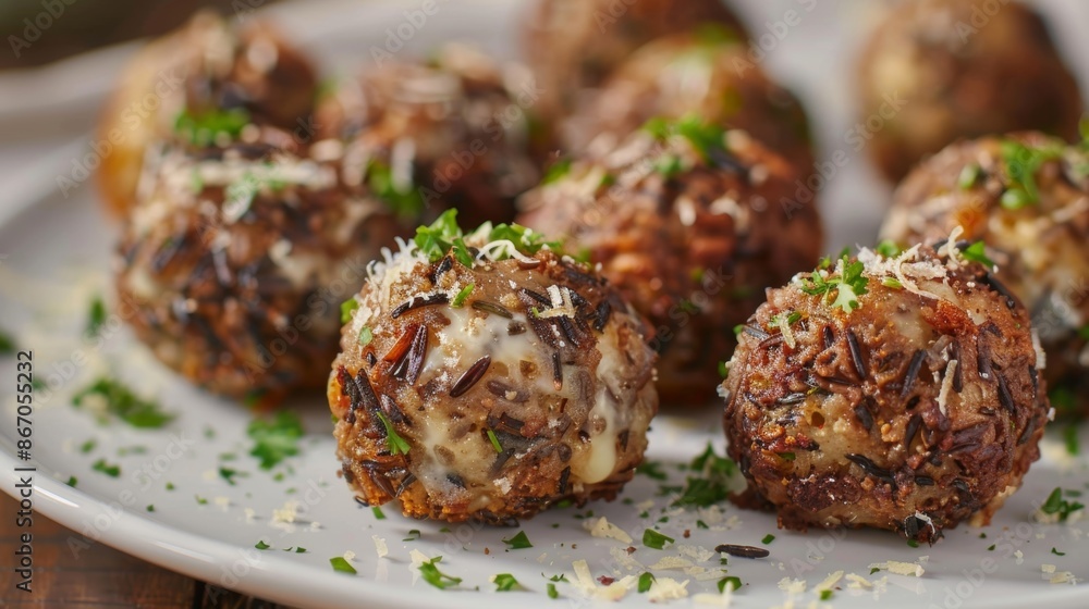 A plate of crispy fried wild rice balls stuffed with a flavorful mixture of foraged wild onions and melted cheese. A plate of crispy fried wild rice balls stuffed with a flavorful mixture of foraged wild onions and melted cheese.