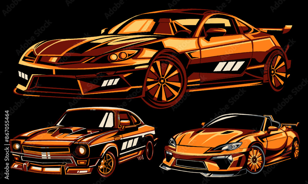 Naklejka premium Bold Orange Car Trio Illustration, This image presents three striking cars, each rendered in bold shades of orange and designed to captivate