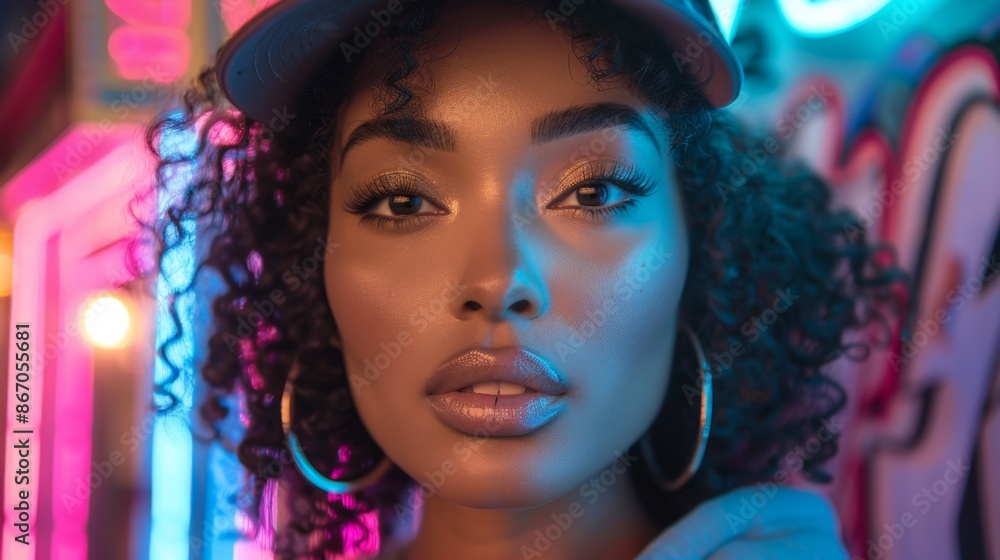Close-up of a woman with curly hair in neon lights - Generative AI Close-up of a woman with curly hair in neon lights - Generative AI