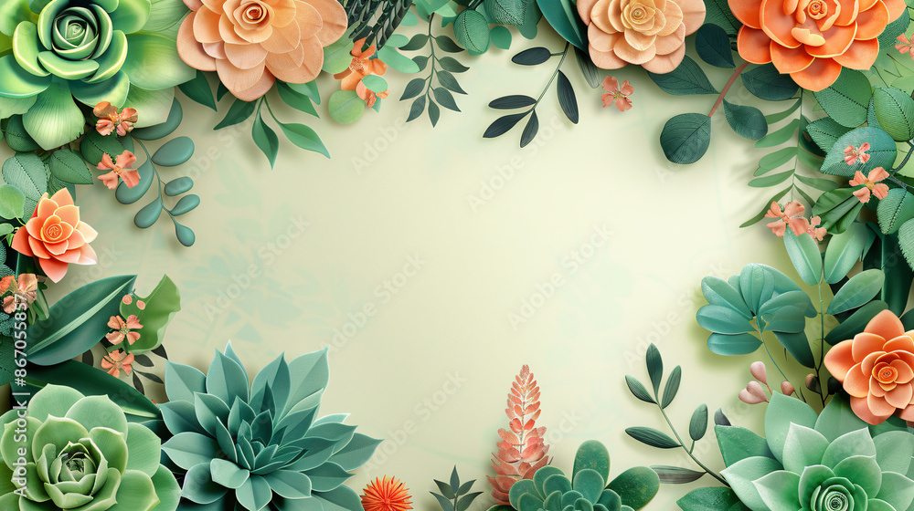 Botanical postcard template with cacti and succulents, surrounded by decorative foliage and lettering Botanical postcard template with cacti and succulents, surrounded by decorative foliage and lettering