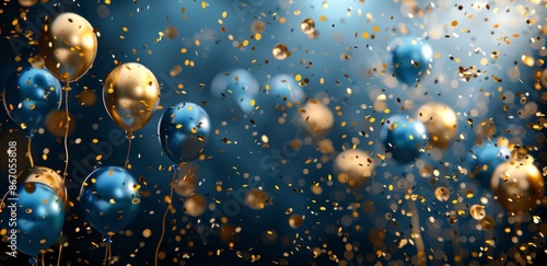 Blue And Gold Balloons Floating In Confetti