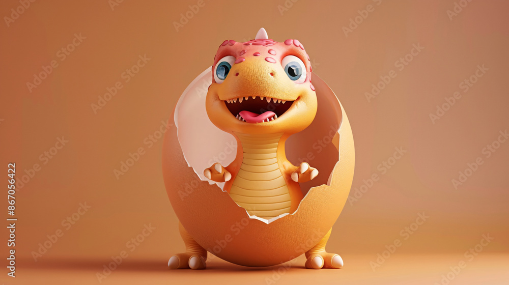 Cartoon baby dinosaur breaking out of a spotted egg, with a friendly and fun design for kids' activities Cartoon baby dinosaur breaking out of a spotted egg, with a friendly and fun design for kids' activities