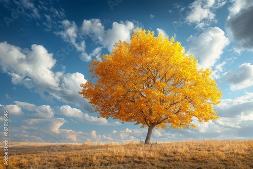 A breathtaking solitary tree with golden leaves, set against a dramatic autumn sky in a serene landscape.